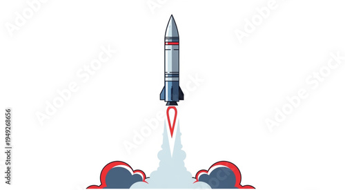 Rocket Launching into Space with Fiery Exhaust Plumes.