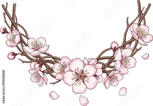A beautiful floral wreath made of pink cherry blossoms and brown branches on a white background