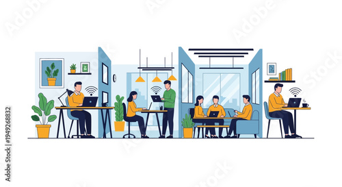 Connected Co-working Space Illustration: Professionals Working on Laptops with Wifi in a Modern Office Environment