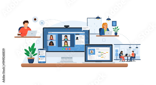 Remote Work & Online Collaboration Concept: Video Conferencing, Hybrid Teams, Virtual Communication
