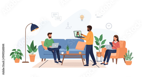 Remote Team Collaboration and Online Meeting Illustration in a Flexible Work Environment