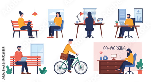 Remote work and flexible office lifestyle illustration with people working from various locations including home, co-working spaces, and outdoors on laptops.