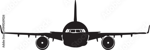 Airplane silhouette faces forward on white background with dark fuselage and wings