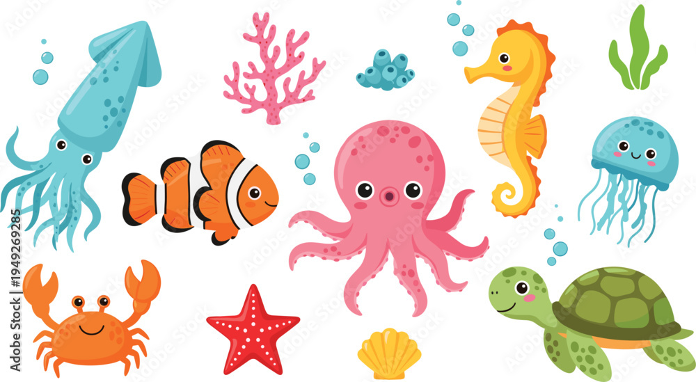 Fototapeta premium Colorful and Cute Sea Creatures: Squid, Octopus, Jellyfish, Seahorse, Fish, Crab, Turtle, Starfish, and Coral in Vector Style