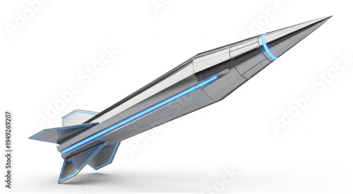 Sleek Silver Rocket with Blue Accents Ascending Diagonally.