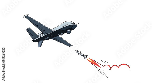 Drone launching missile in mid-air, isolated on white background.