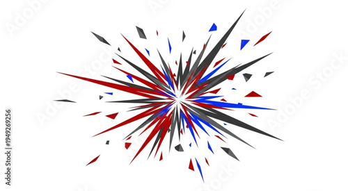 Abstract explosion of red, blue, and black shards on white.
