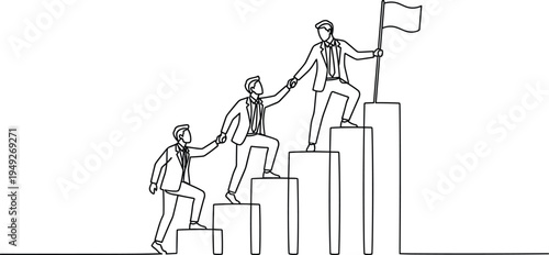 Business growth concept with team climbing steps toward success flag continuous line art leadership teamwork vector illustration