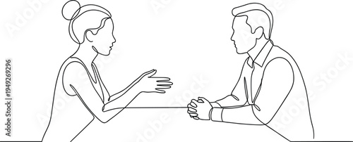Couple talking face to face continuous line art communication discussion relationship counseling concept vector illustration