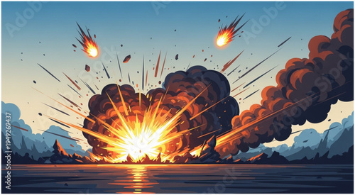 Catastrophic Impact - Fiery Explosion and Meteor Showers Over Water.