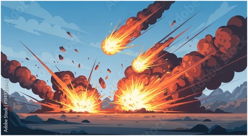 Fiery Meteor Impact - Explosions and Destruction in Cartoon Style.