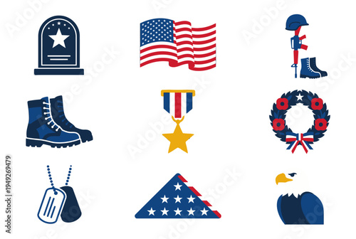 Respectful soldier saluting before large American flag, artistic Memorial Day tribute illustration, honoring fallen heroes with solemn pride.