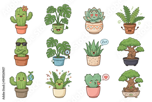 Cute houseplant character sticker set, funny expressions and gardening poses, kawaii indoor plant vector mascot illustration for nature lovers.