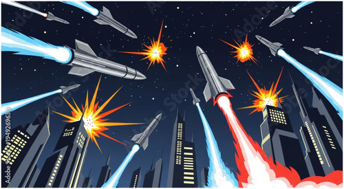 Missile Attack on City Skyscrapers - A Futuristic War Scene.