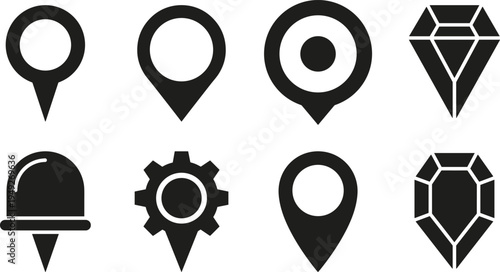 Map location pin and gemstone icons set featuring navigation markers diamond symbols and map pointers for navigation interface design