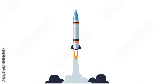 Rocket Launching into Space with Smoke and Flames.