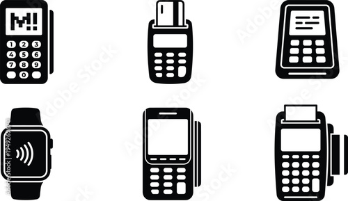 Point of sale payment terminal icon set with card reader smartwatch NFC payment machine symbols minimalist black silhouette collection