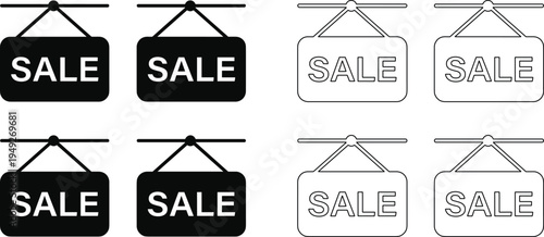 Sale hanging sign icons set with bold and outline styles representing discount promotion retail store offer marketing symbol collection