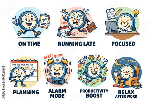 Cute clock character sticker set, funny daily time and productivity expressions, kawaii vector mascot illustration for work and office management.