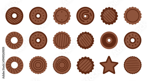 dark chocolate cookies and cocoa biscuits icons, assorted crispy chocolate dessert treats with decorative swirls and rich cocoa textures, sweet bakery snack collection isolated on white background, 