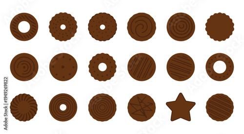 dark chocolate cookies and cocoa biscuits icons, assorted crispy chocolate treats with various textures and swirls, sweet dessert snack collection isolated on white background, flat vector 