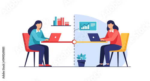 Businesswomen Analyzing Data: Research, Progress & Results Workflow Timeline Illustration