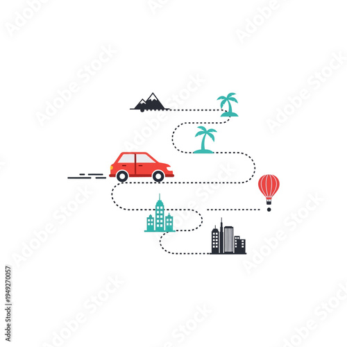 Red car on a dotted path with various travel destinations.