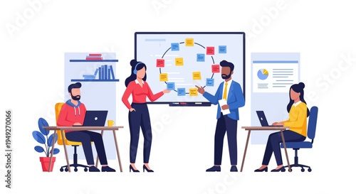 Agile Project Management Team Collaborating, Planning & Brainstorming in Modern Office with Whiteboard Illustration