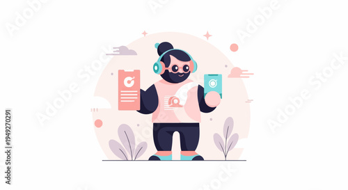 Cartoon character in headphones holds two phones and looks at screen