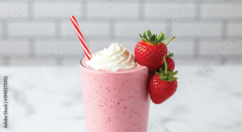 Strawberry Milkshake with Whipped Cream and Strawberries on Marble Countertop