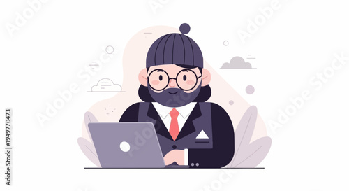 Cartoon character in winter hat and glasses typing on laptop