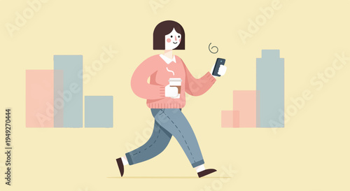 Cartoon character walks with coffee and phone amidst abstract bar graphs
