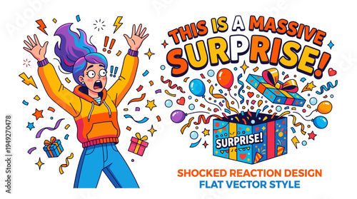 Shocked Woman and Gift Box Design Flat Vector Style