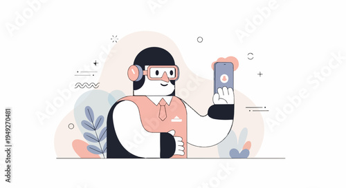 Cartoon character wearing goggles and headphones, holding a smartphone with a smiling face