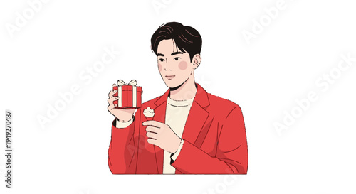 Man holds a gift box and ice cream vector illustration on a white background