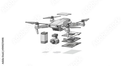 Drone parts and components disassembled illustration