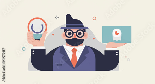Cartoon businessman holding a magnifying glass and a card with an eye icon