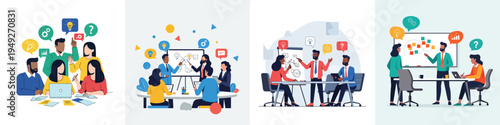 Office team discussion scene, colleagues sharing ideas at a conference table, clean minimalist flat vector style