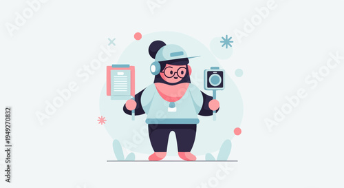 Cartoon character with camera and clipboard, stylized graphic