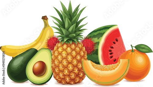 Collection of Fresh Tropical Fruits: Pineapple, Watermelon, Avocado, Banana, and Orange in Vector Style