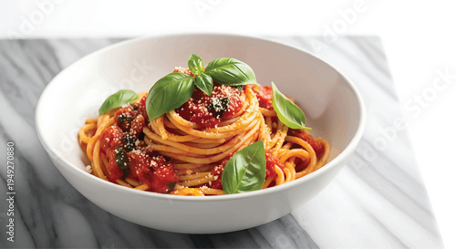 Spaghetti with Tomato Sauce and Basil Leaves in White Bowl on Marble Table