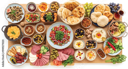 Variety Food Dishes on Wooden Table Isolated on White