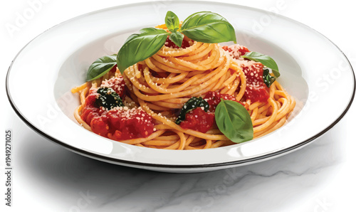 Spaghetti with Tomato Sauce and Basil Leaves on White Plate