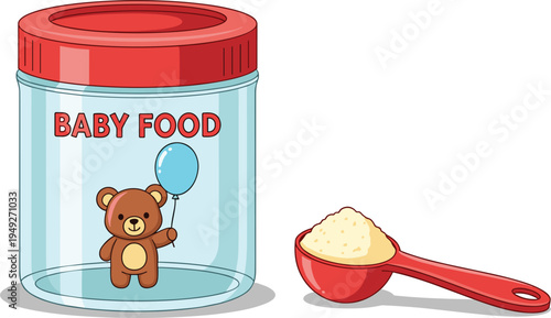 Baby Food Jar with Bear and Balloon Design and Measuring Spoon, Baby Nutrition in Vector Illustration