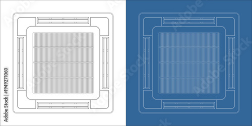 Technical Line Drawing of Cassette Ceiling Air Conditioner in Blueprint and White Style