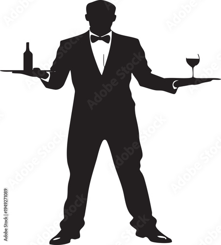 Waiter in tuxedo holding wine bottle and glass on trays formal service illustration