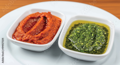 Red and Green Sauce Bowls on White Plate