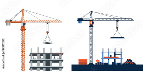 Tower crane lifting building materials high above a construction site, clean flat vector composition on white background.