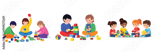 Young children stacking colorful building blocks together, playful flat vector scene