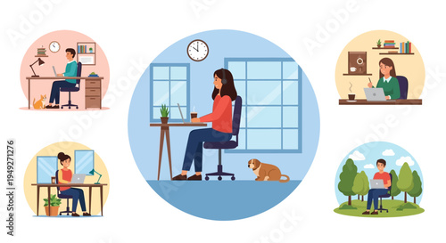 Diverse Remote Work Illustrations: People Working from Home, Office, and Outdoors. Flexible Working Styles, Freelance Lifestyle, and Digital Nomads Concept.
